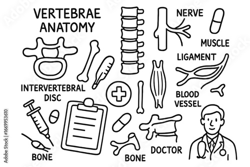 Spine Anatomy Doodles. Hand-drawn doodle illustration vertebrae anatomy vertebrae, spine, spinal cord, nerve, intervertebral disc,