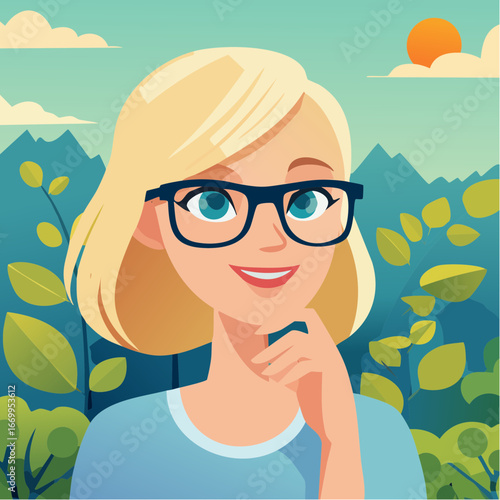 Portrait of a beautiful geek blond woman in glasses thinking