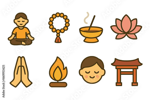 Spiritual Ritual Icons. Flat vector mini-illustrations spiritual ritual in colors children's illustrations: meditation pose,