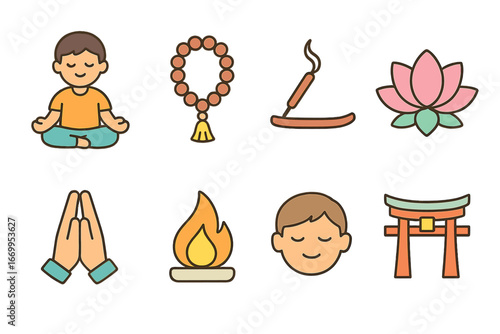 Spiritual Ritual Icons. Flat vector mini-illustrations spiritual ritual in colors children's illustrations: meditation pose,