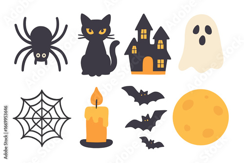Spooky Children's Icons. Flat vector mini-illustrations spooky moments in colors children's illustrations: creepy spider, black