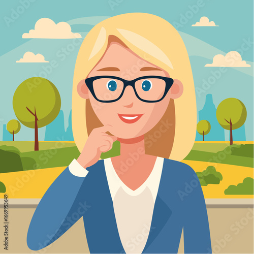 Portrait of a beautiful geek blond woman in glasses thinking