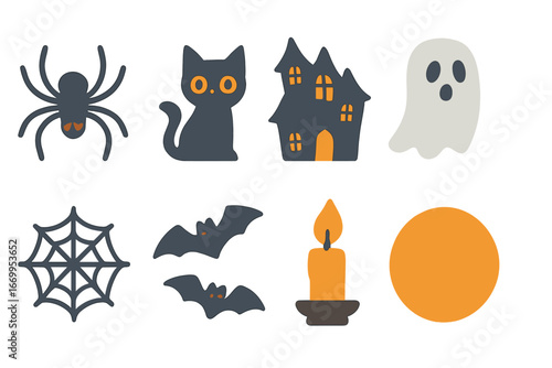 Spooky Children's Icons. Flat vector mini-illustrations spooky moments in colors children's illustrations: creepy spider, black