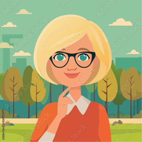 Portrait of a beautiful geek blond woman in glasses thinking