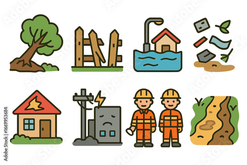 Storm Aftermath Icons. Flat vector mini-illustrations storm aftermath in colors children's illustrations: fallen tree, broken