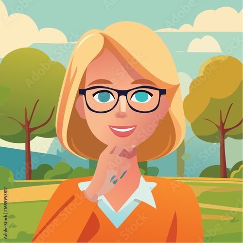 Portrait of a beautiful geek blond woman in glasses thinking