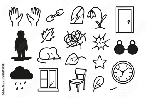 Symbolic Doodle Illustrations. Hand-drawn doodle illustration resignation empty hands, broken chain, cracked mirror, wilting
