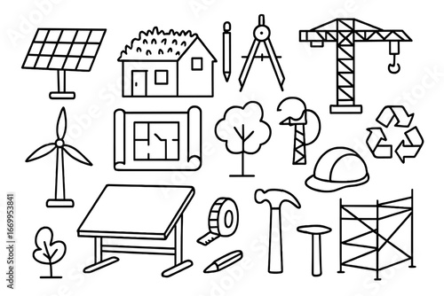 Sustainable Architecture Icons. Hand-drawn doodle illustration sustainable architecture solar panel, green roof, blueprint,