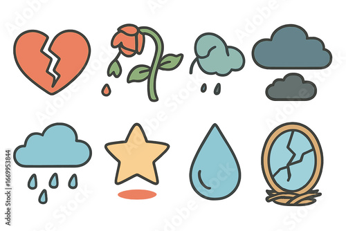 Symbolic Sadness Icons. Flat vector mini-illustrations symbolic sadness in colors children's illustrations: broken heart, wilting