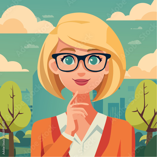 Portrait of a beautiful geek blond woman in glasses thinking