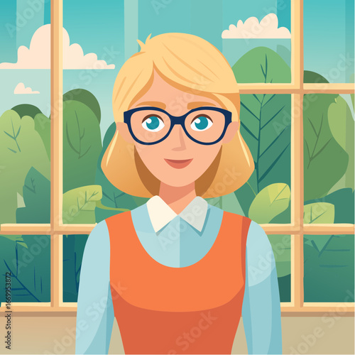 Portrait of a beautiful geek blond woman in glasses thinking