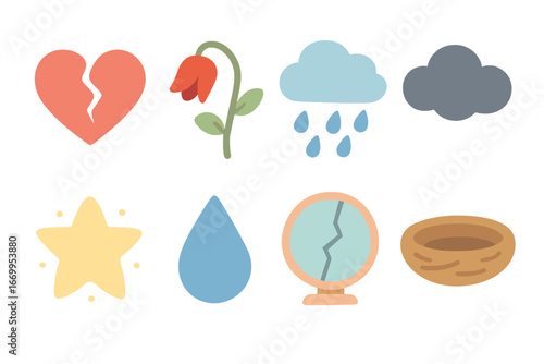 Symbolic Sadness Icons. Flat vector mini-illustrations symbolic sadness in colors children's illustrations: broken heart, wilting