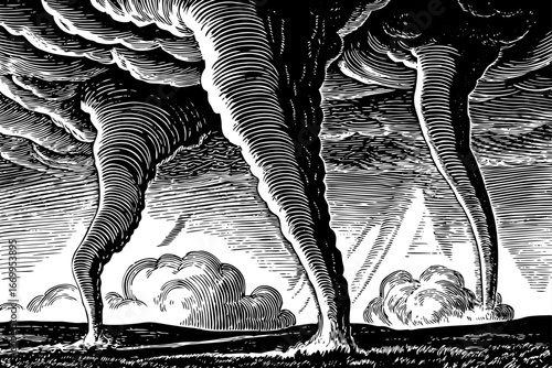 Multiple tornado funnels forming together during supercell storm, breathtaking weather power drawn in black and white sketch.