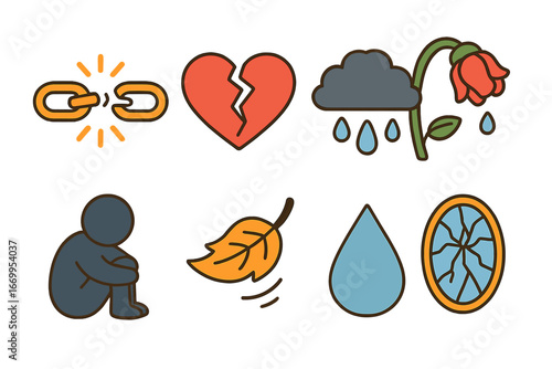 Symbols of Suffering. Flat vector mini-illustrations symbolic suffering in colors children's illustrations: broken chain, cracked
