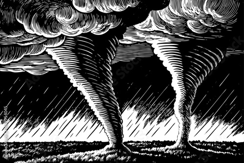 Multiple tornado funnels forming together during supercell storm, breathtaking weather power drawn in black and white sketch.