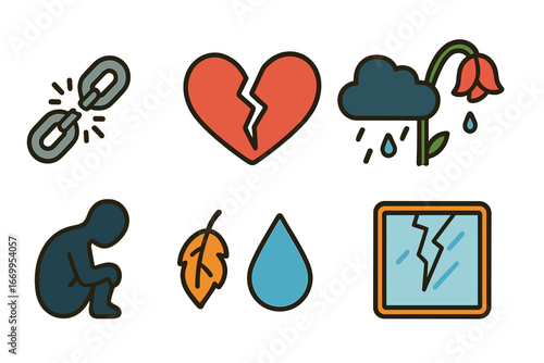 Symbols of Suffering. Flat vector mini-illustrations symbolic suffering in colors children's illustrations: broken chain, cracked
