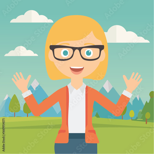Blonde geek woman in glasses showing excitement