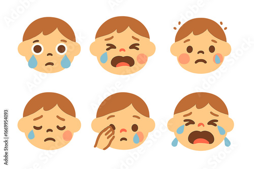 Teary Faces Icons. Flat vector mini-illustrations tears in facial expressions in colors children's illustrations: teary eyes,