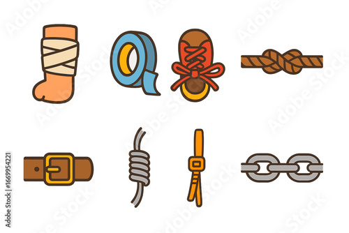 Tight Fastenings Grid. Flat vector mini-illustrations tight bindings in colors children's illustrations: tight bandage, tight tape