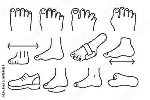 Toe Alignment Doodles. Hand-drawn doodle illustration toe alignment big toe, curved toe, overlapping toes, hammer toe icon, bunion