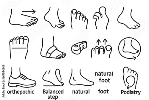 Toe Alignment Doodles. Hand-drawn doodle illustration toe alignment big toe, curved toe, overlapping toes, hammer toe icon, bunion