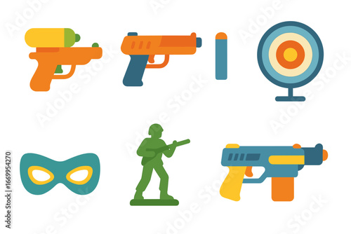 Toy Gun Icons. Flat vector mini-illustrations toy guns and play in colors children's illustrations: water pistol, dart gun, foam