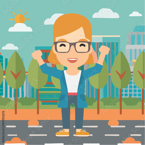Blonde geek woman in glasses showing excitement