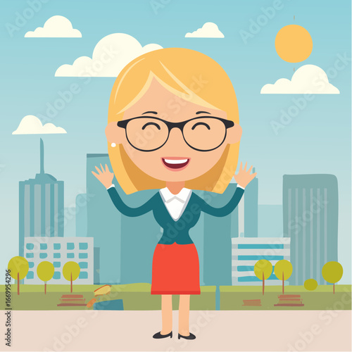 Blonde geek woman in glasses showing excitement