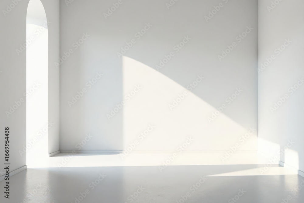 Fototapeta premium Bright sunlight illuminates a blank white wall in a minimalist gallery , interior, background