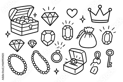 Treasure Chest Doodles. Hand-drawn doodle illustration precious treasures treasure chest, diamond, ruby, sapphire, emerald, pearl