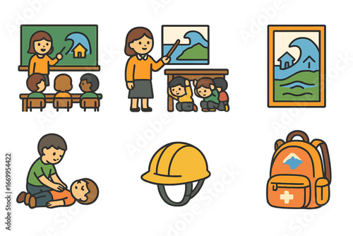 Tsunami Safety for Kids. Flat vector mini-illustrations tsunami education in colors children's illustrations: classroom lesson,