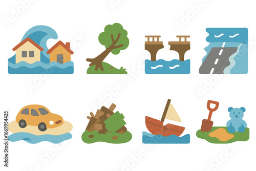 Tsunami Destruction Illustrations. Flat vector mini-illustrations tsunami damage in colors children's illustrations: destroyed