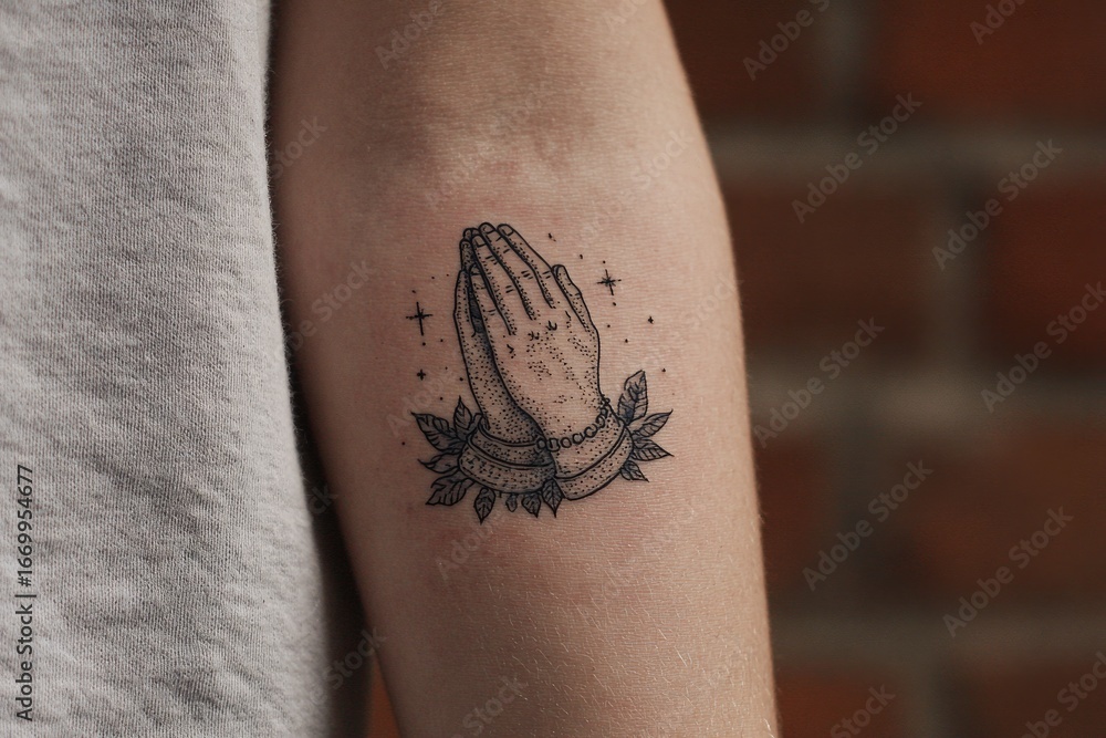 Obraz premium Tattoo of praying hands surrounded by leaves and stars, symbolizing hope, faith, and spirituality