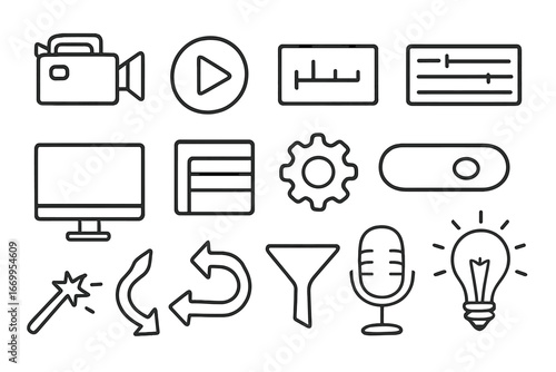 Video Editing Icons. Hand-drawn doodle illustration video preset video camera, play button, timeline, sliders, computer screen,