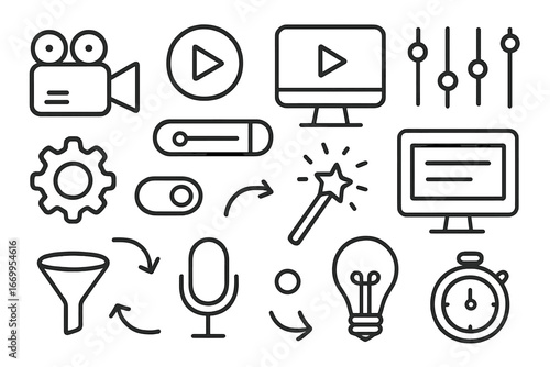 Video Editing Tools. Hand-drawn doodle illustration video preset video camera, play button, timeline, sliders, computer screen,