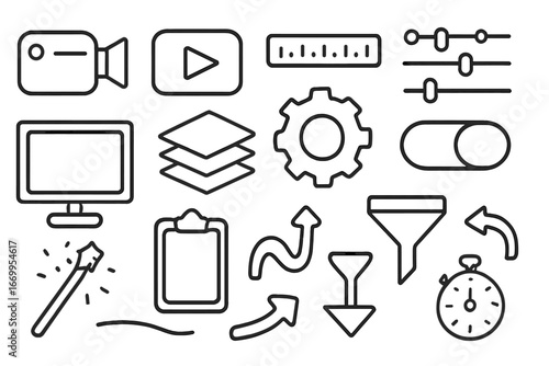 Video Editing Tools. Hand-drawn doodle illustration video preset video camera, play button, timeline, sliders, computer screen,
