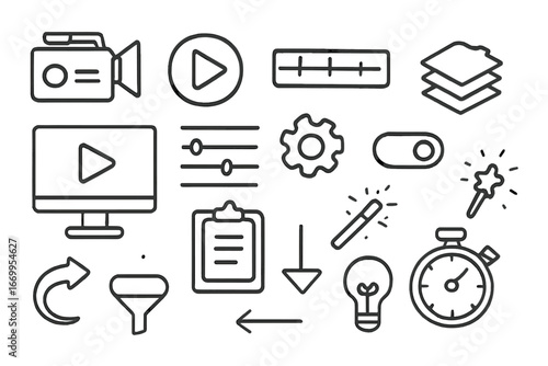 Video Editing Icons. Hand-drawn doodle illustration video preset video camera, play button, timeline, sliders, computer screen,