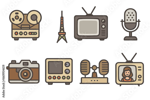 Vintage Broadcast Icons. Flat vector mini-illustrations TV tower history in colors children's illustrations: old broadcast