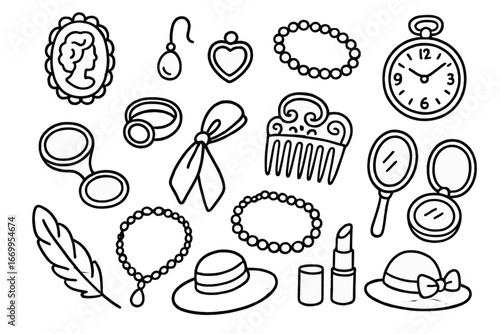 Vintage Jewelry Doodle Icons. Hand-drawn doodle illustration vintage jewelry cameo brooch, pearl earring, locket, bracelet, ring,