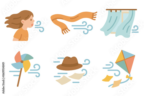 Windy Day Fun. Flat vector mini-illustrations wind in daily life in colors children's illustrations: blowing hair, scarf flying,