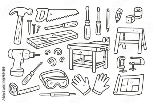 Woodworking Tools Illustration. Hand-drawn doodle illustration handmade woodworking hammer, saw, chisel, wood plank, nails,