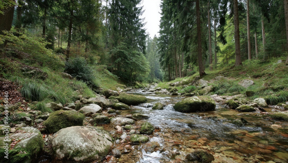 A tranquil woodland stream winds through a dense forest, showcasing smooth river stones and lush greenery. A tranquil woodland stream winds through a dense forest, showcasing smooth river stones and lush greenery.