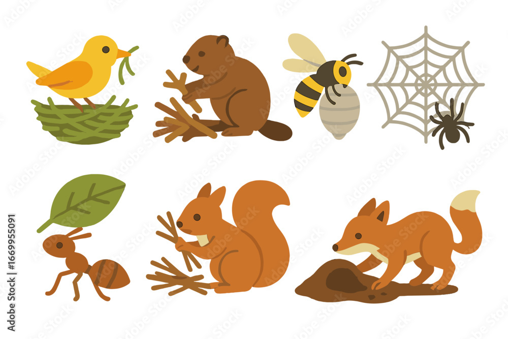 Fototapeta premium Animal Architects Grid. Flat vector mini-illustrations nest-building animals in colors children's illustrations: bird weaving nest