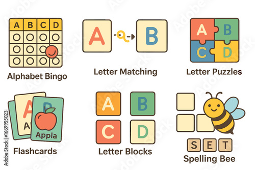 Alphabet Learning Games. Flat vector mini-illustrations letter learning games in colors children's illustrations: alphabet bingo,
