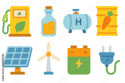 Alternative Fuels Icons. Flat vector mini-illustrations alternative fuels in colors children's illustrations: biodiesel pump,