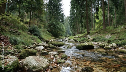 A tranquil woodland stream winds through a dense forest, showcasing smooth river stones and lush greenery.