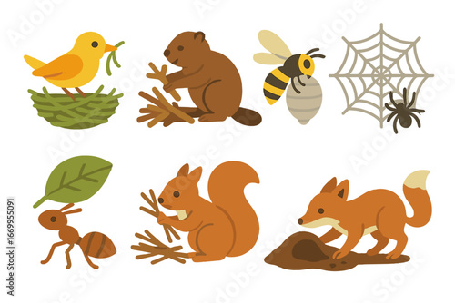 Animal Architects Grid. Flat vector mini-illustrations nest-building animals in colors children's illustrations: bird weaving nest
