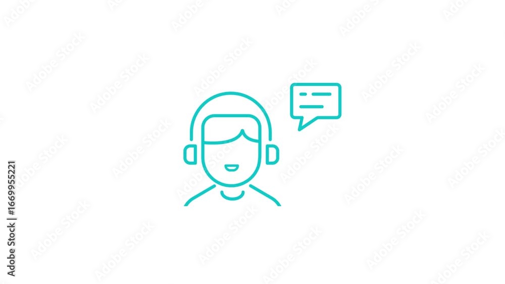 Animated customer support agent with headset, computer, and chat bubble icon animation for remote assistance, technical service, and effective communication Animated customer support agent with headset, computer, and chat bubble icon animation for remote assistance, technical service, and effective communication