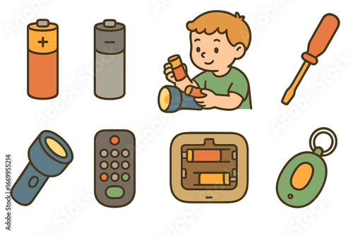 Battery Replacement Icons. Flat vector mini-illustrations battery replacement in colors children's illustrations: new AA battery,
