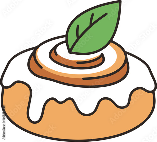 Sweet Cinnamon Roll: A delectable cinnamon roll topped with creamy icing and a vibrant green leaf, perfectly capturing the essence of a sweet treat.